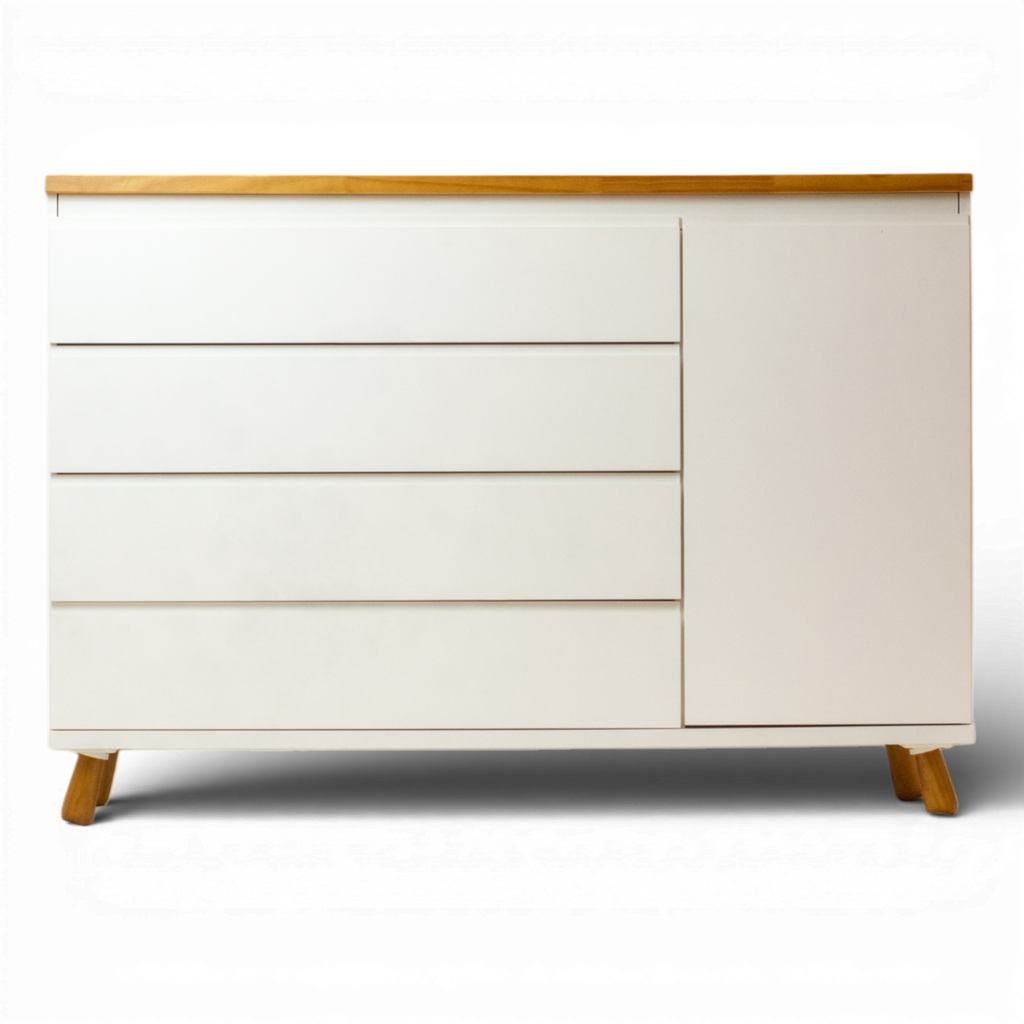 Cômoda Badá Branco BAD-171 com 4 Gavetas e 1 Porta Pés Fixos Tampo Madeira - Kartoon