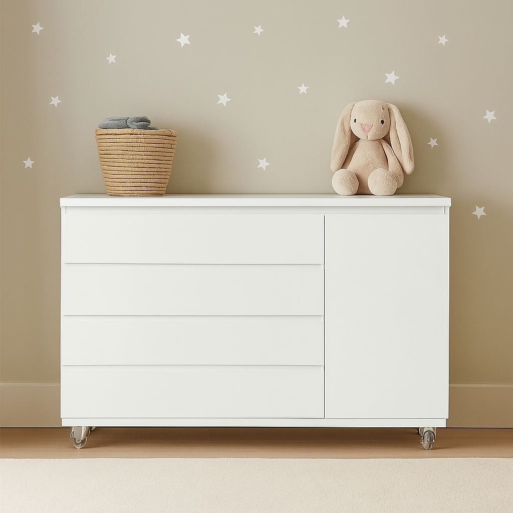 Cômoda Bada Branco BAD-471 com 4 Gavetas e 1 Porta com Rodízios - Kartoon