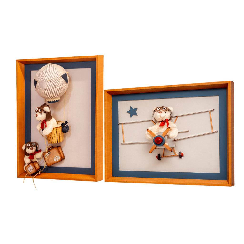 Kit 2 Quadros Decorativos Urso Aviador 63x53cm