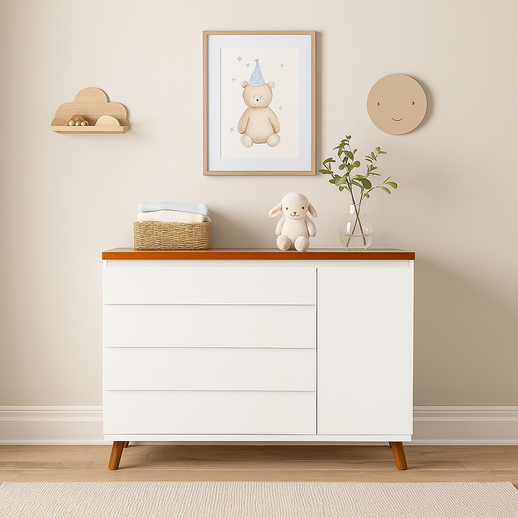 Cômoda Badá Branco BAD-171 com 4 Gavetas e 1 Porta Pés Fixos Tampo Madeira - Kartoon
