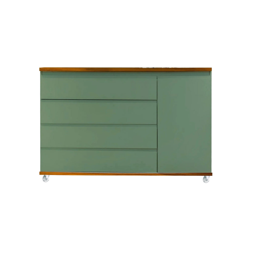 Cômoda Bada BAD-471 com 4 Gavetas e 1 Porta com Rodízios - Kartoon Cor:Verde Natureza com Madeira