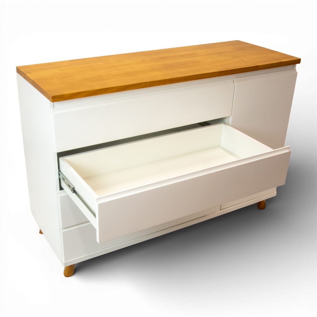 Cômoda Badá Branco BAD-171 com 4 Gavetas e 1 Porta Pés Fixos Tampo Madeira - Kartoon